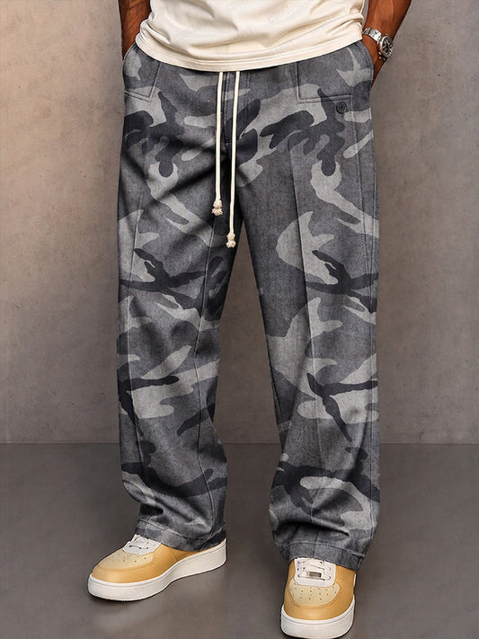 Pantalones casuales con estampado de camuflaje y cordón ajustable