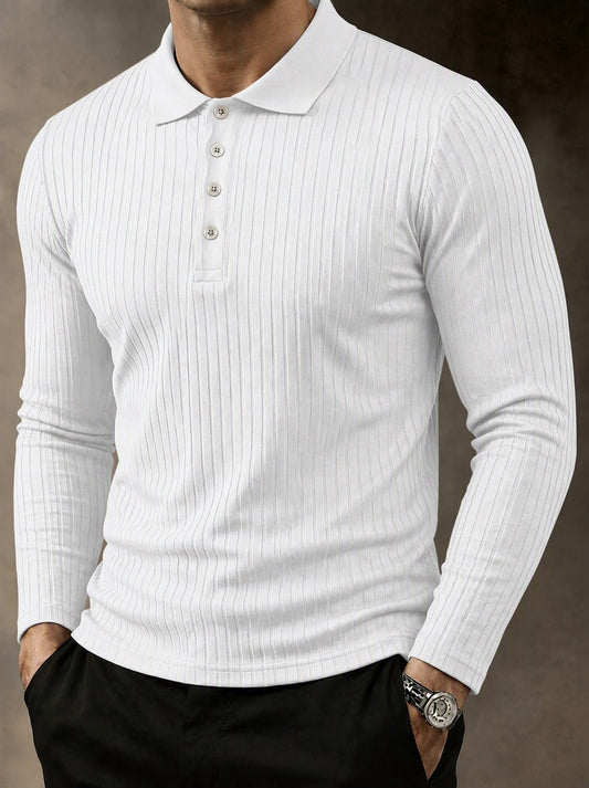 Camisa polo casual de punto acanalado de manga larga
