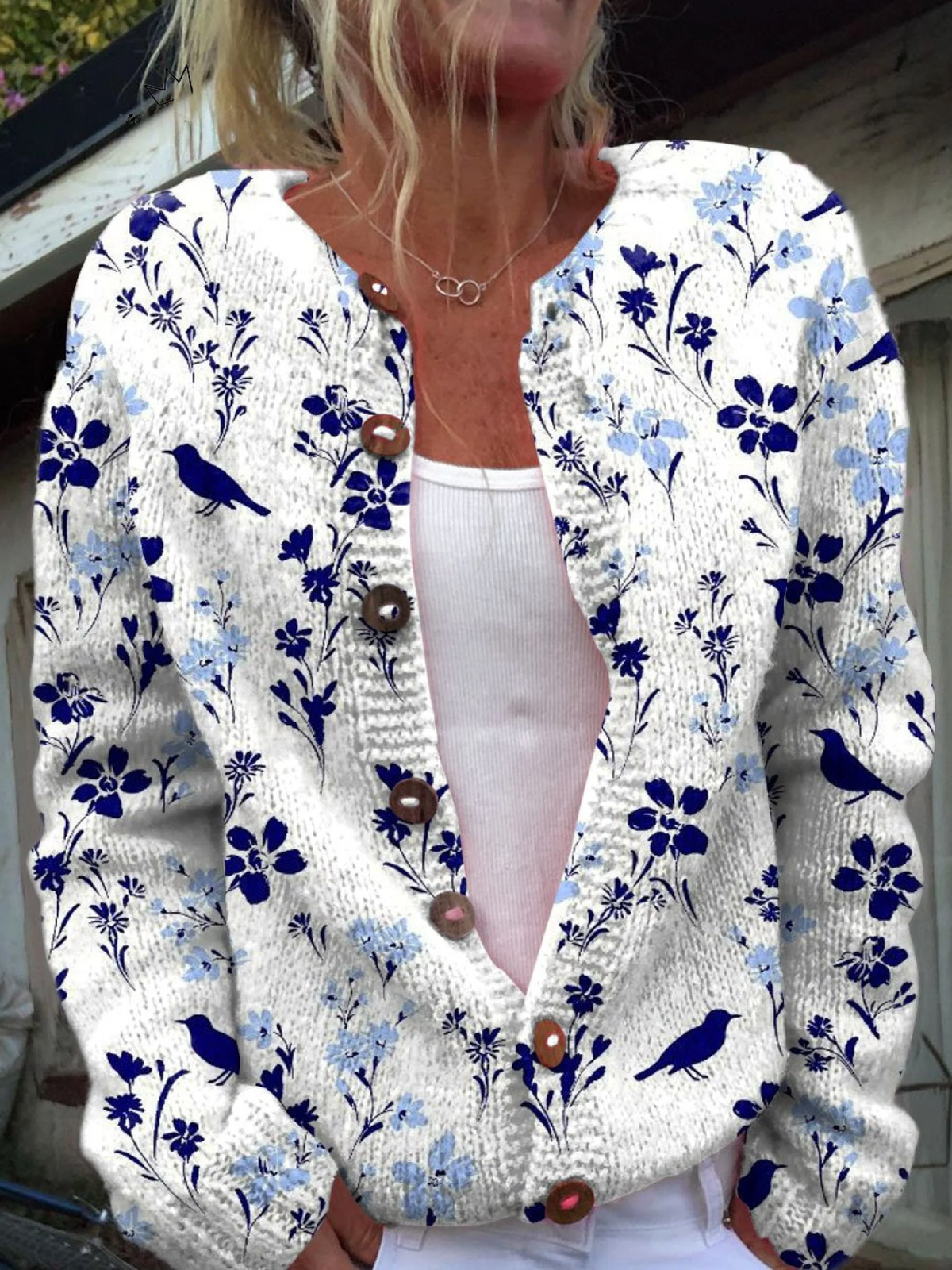 Vynora™ | Cárdigan de punto con estampado vintage de flores y aves y botones frontales