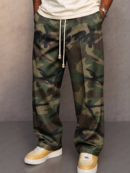 Pantalones casuales con estampado de camuflaje y cordón ajustable