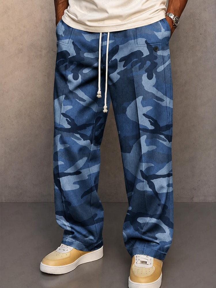 Pantalones casuales con estampado de camuflaje y cordón ajustable