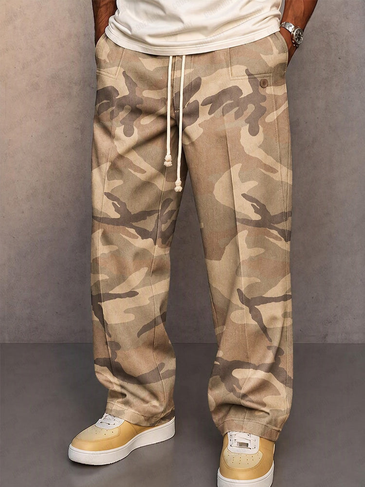 Pantalones casuales con estampado de camuflaje y cordón ajustable
