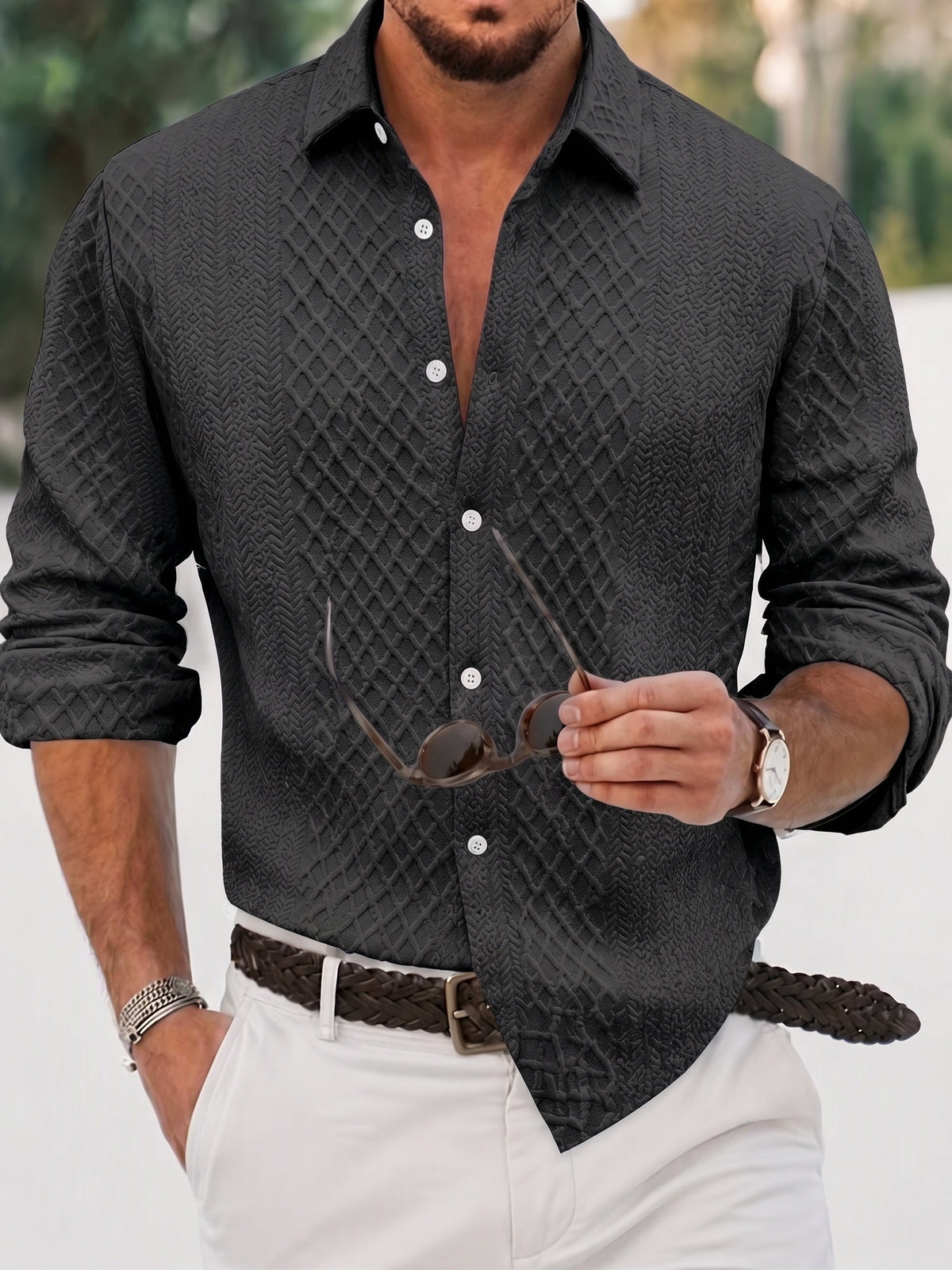 Camisa de manga larga con botones y jacquard gofrado