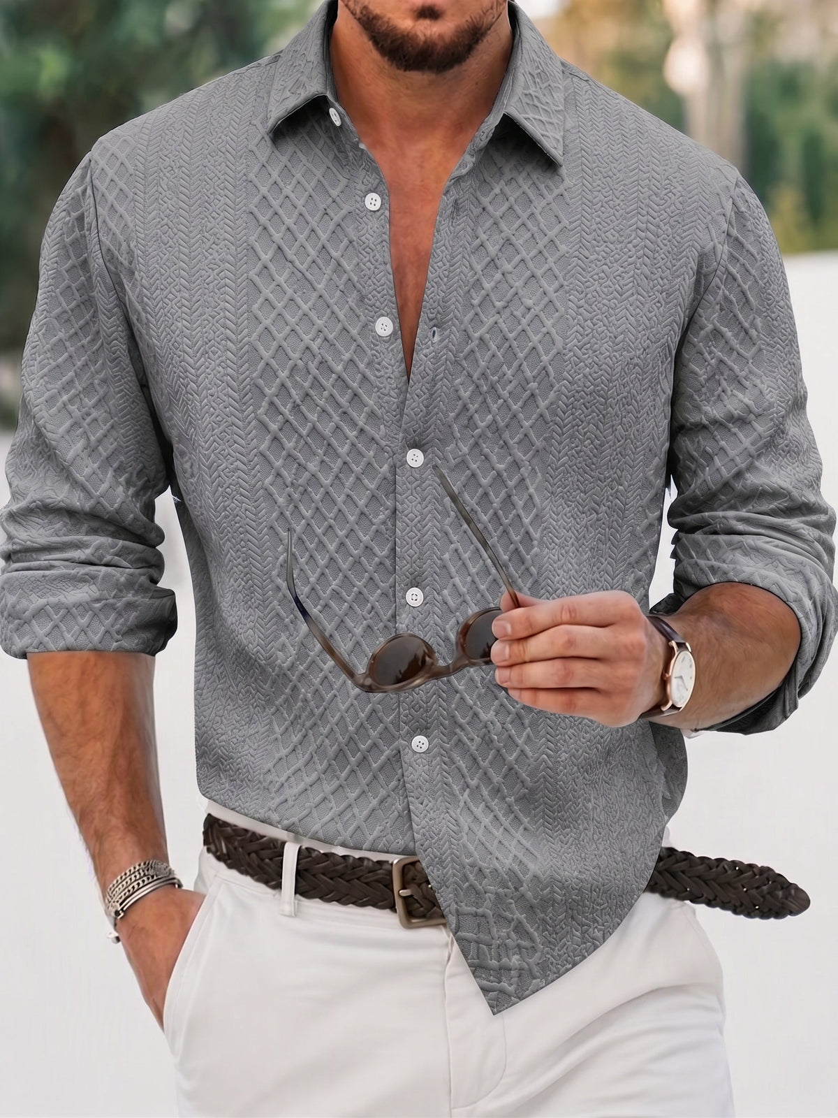 Camisa de manga larga con botones y jacquard gofrado