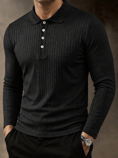 Camisa polo casual de punto acanalado de manga larga
