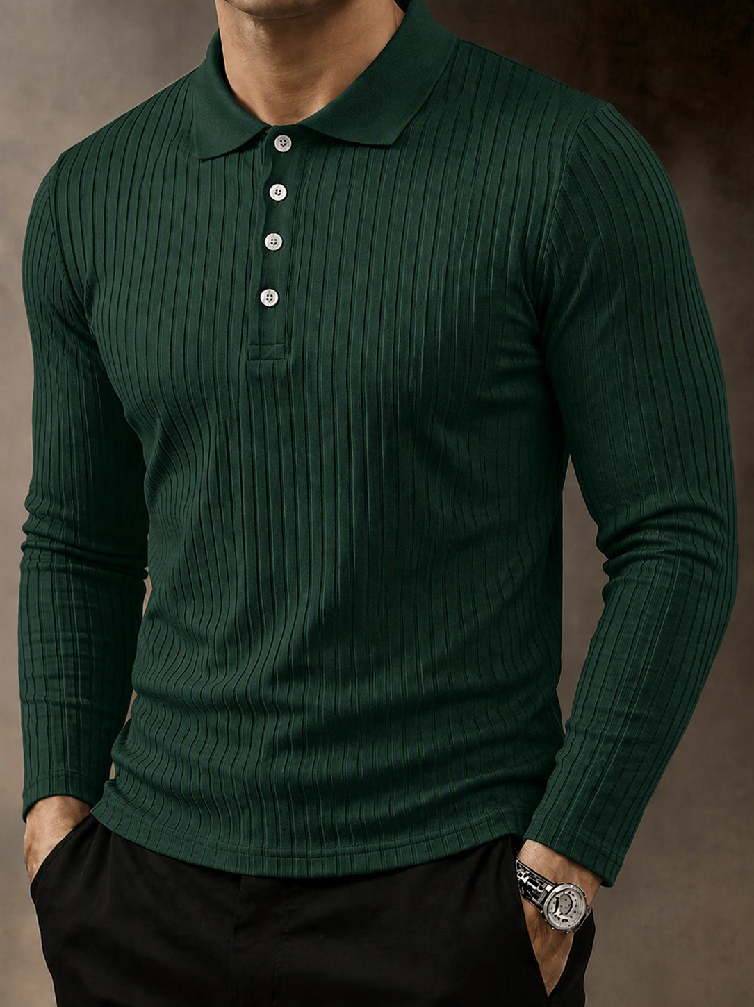Camisa polo casual de punto acanalado de manga larga