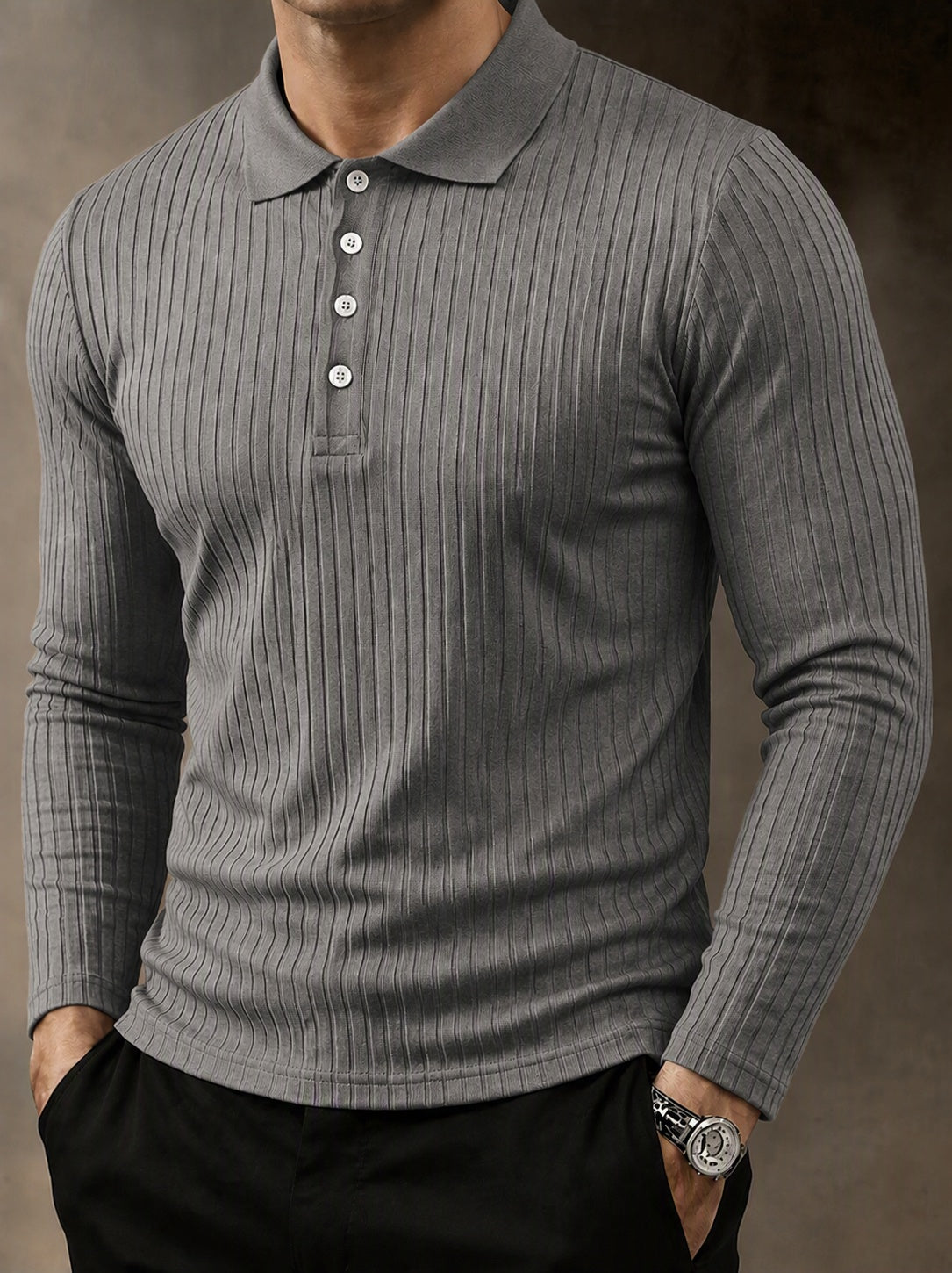 Camisa polo casual de punto acanalado de manga larga