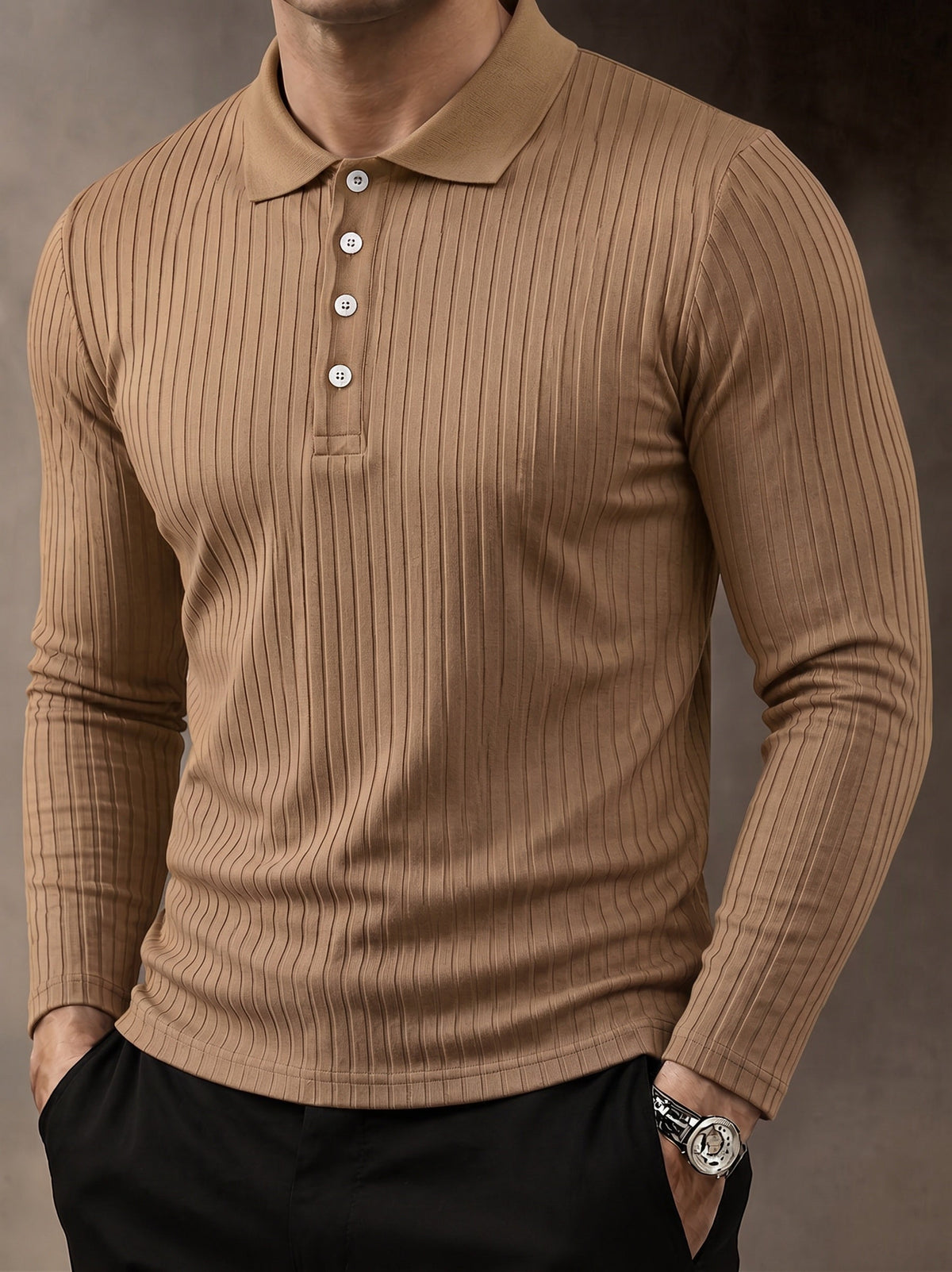 Camisa polo casual de punto acanalado de manga larga