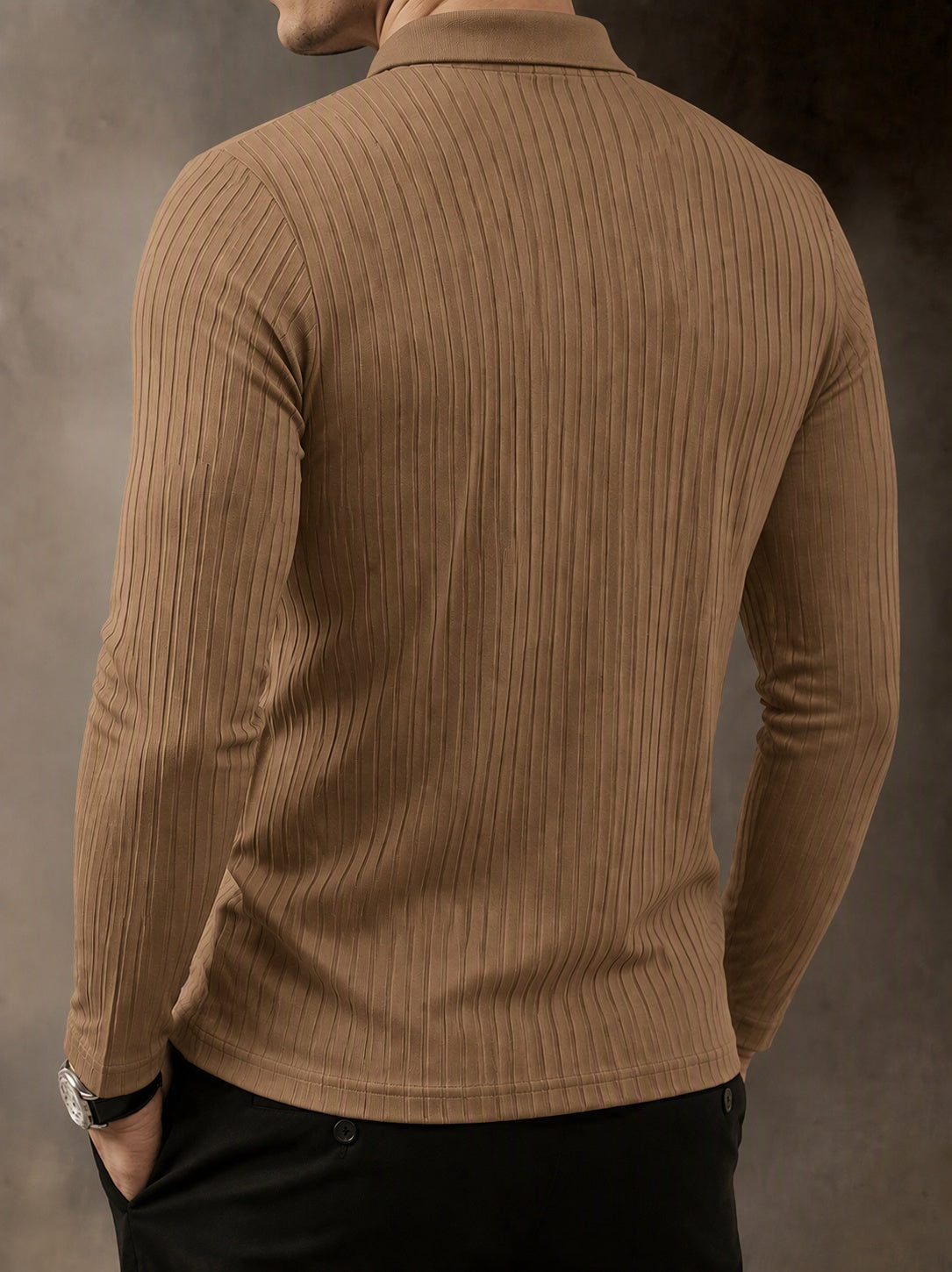Camisa polo casual de punto acanalado de manga larga