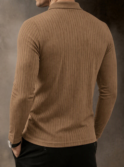 Camisa polo casual de punto acanalado de manga larga