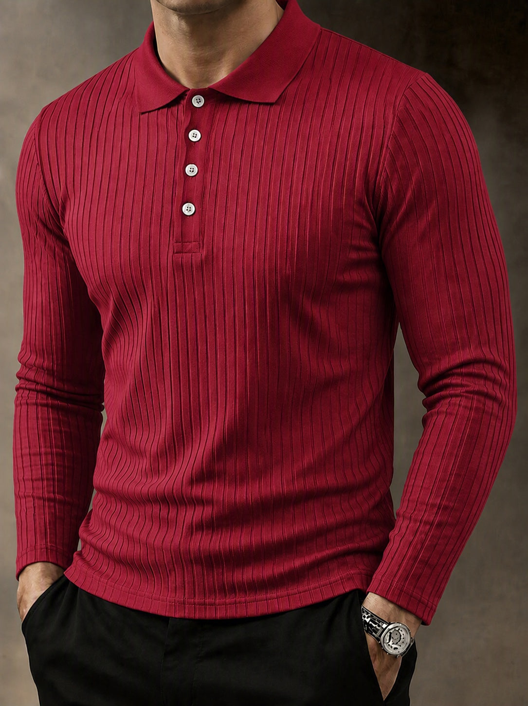 Camisa polo casual de punto acanalado de manga larga