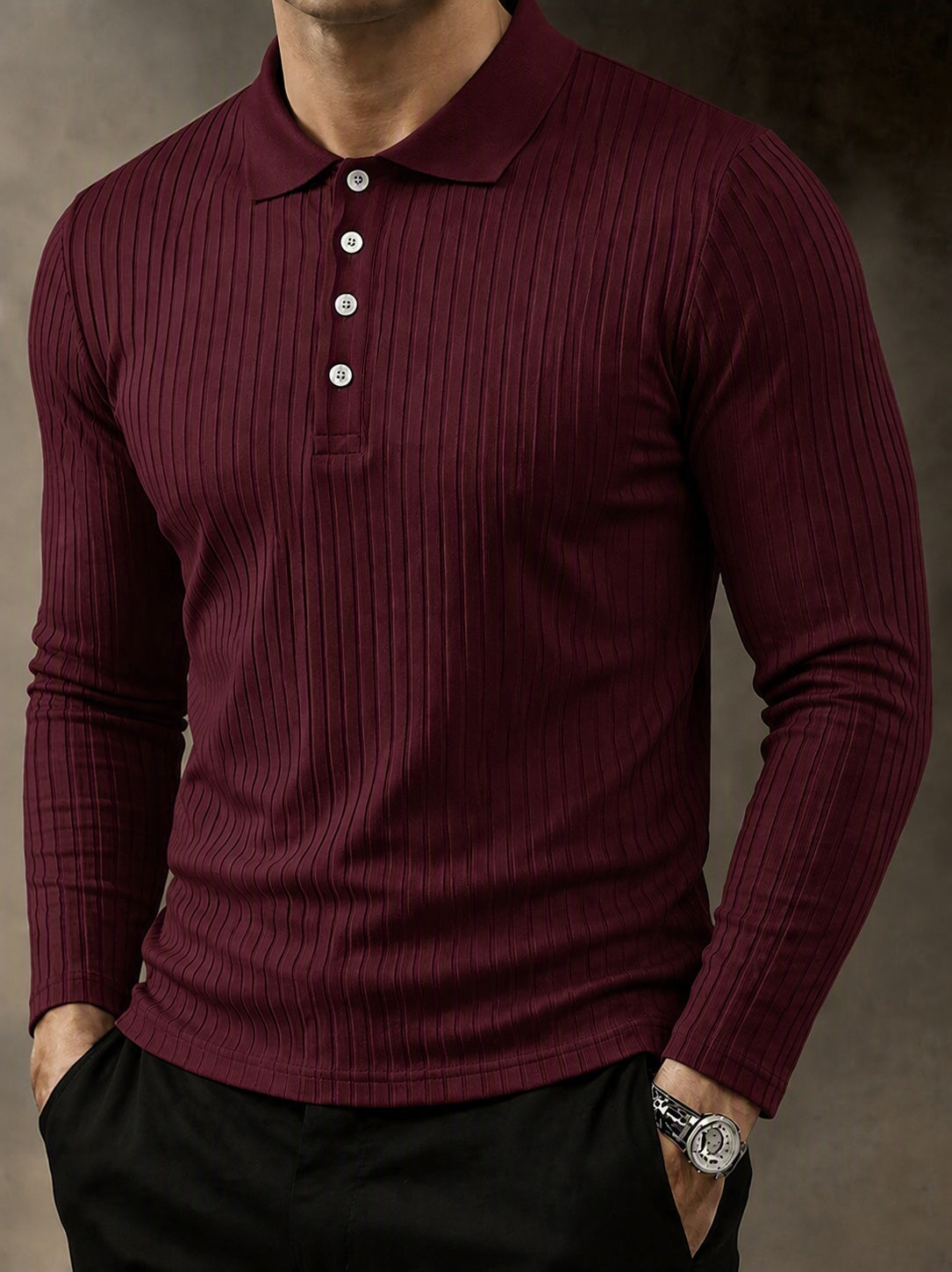 Camisa polo casual de punto acanalado de manga larga